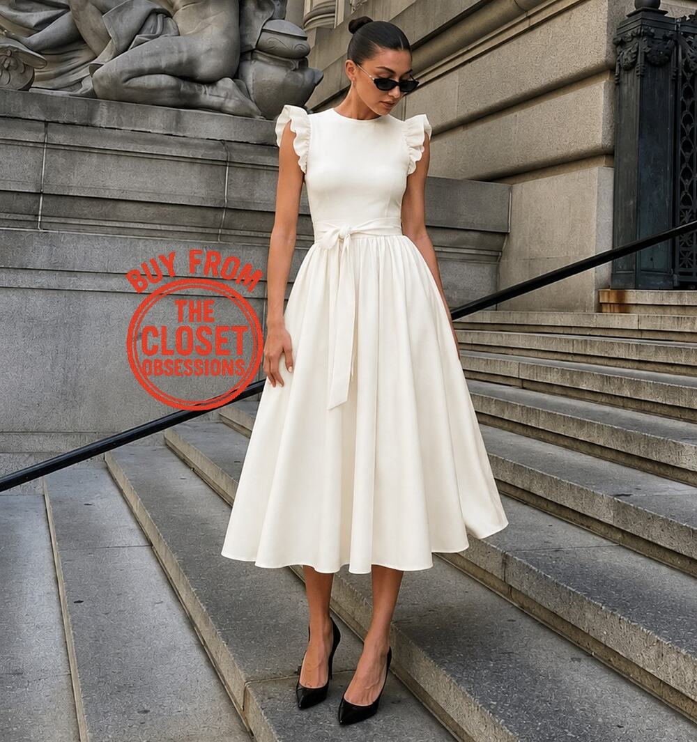 ZARA Ruffled Midi Dress NWT | Ecru Cotton Fit & Flare Belted Size M/L